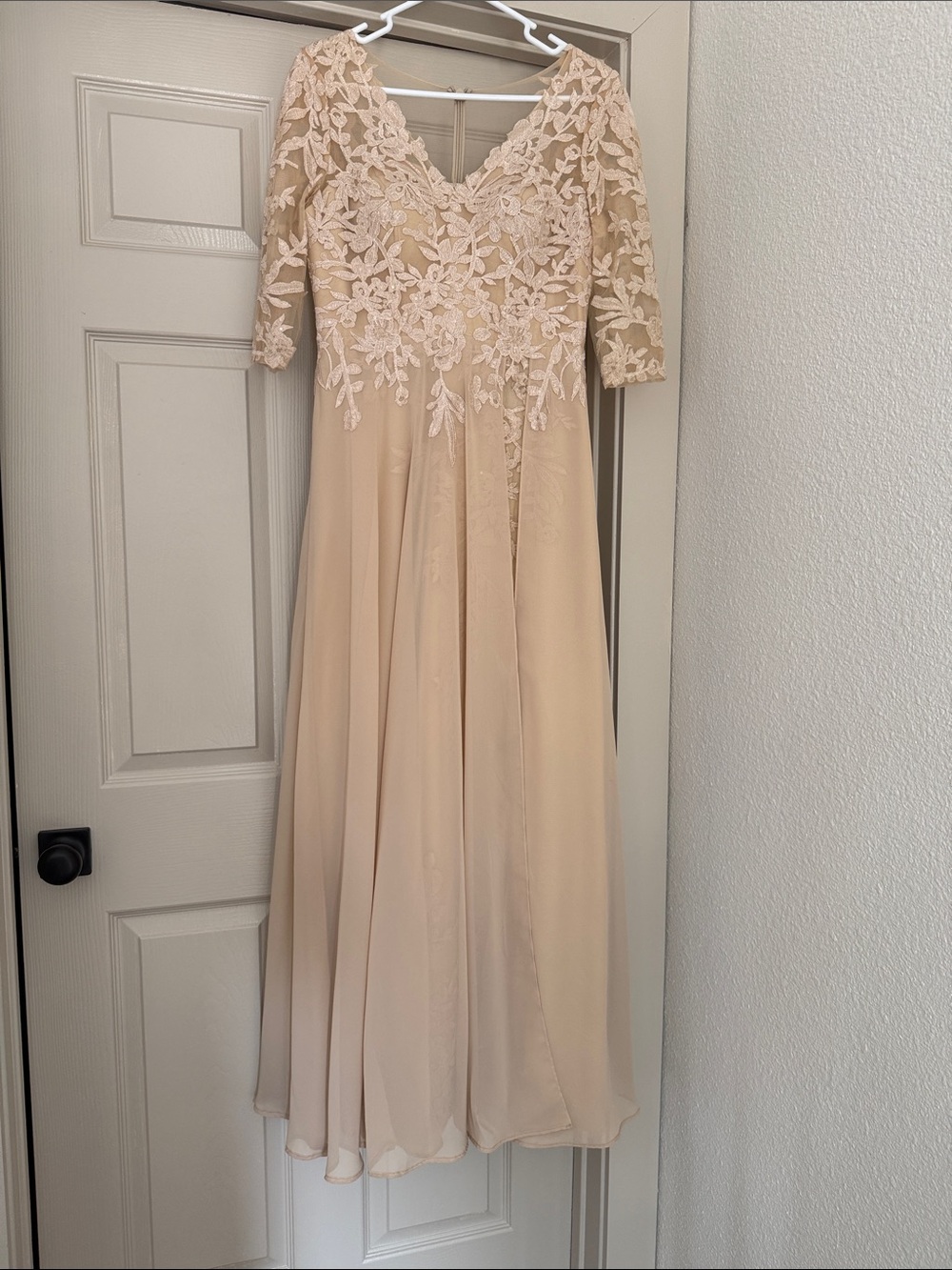 Elegant V-Neck Lace Bodice Chiffon Evening Dress in Blush